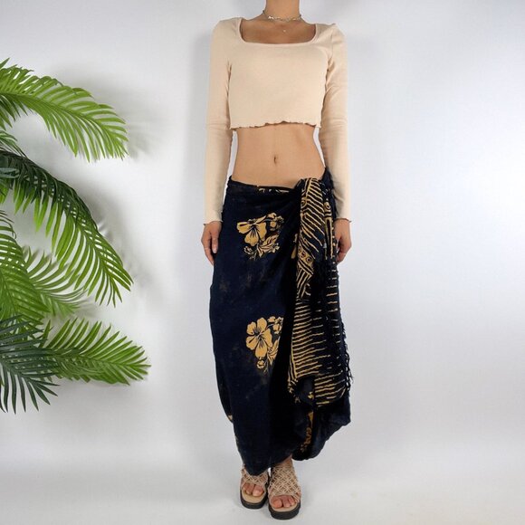 American Vintage Dresses & Skirts - Vintage Black Floral Bohemian Beachy Boho Hippie Fringe Sarong Wrap Skirt / OS